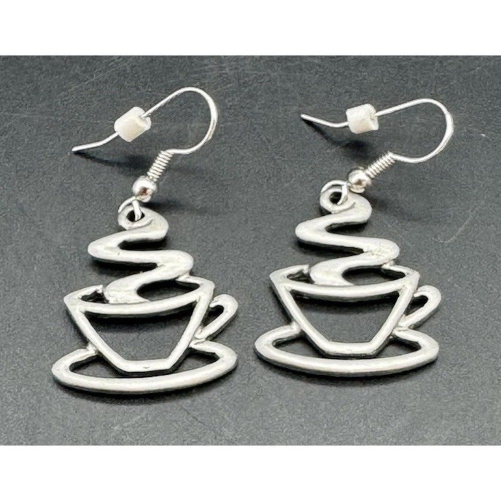 JJ Jonette Jewelry Coffee Cup Dangle Earrings Silver Tone 1"